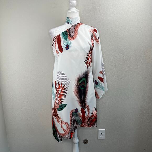 White Green Multi Peacock Asymmetric One Shoulder High Neck Mini Shift Dress M/L - Picture 11 of 12